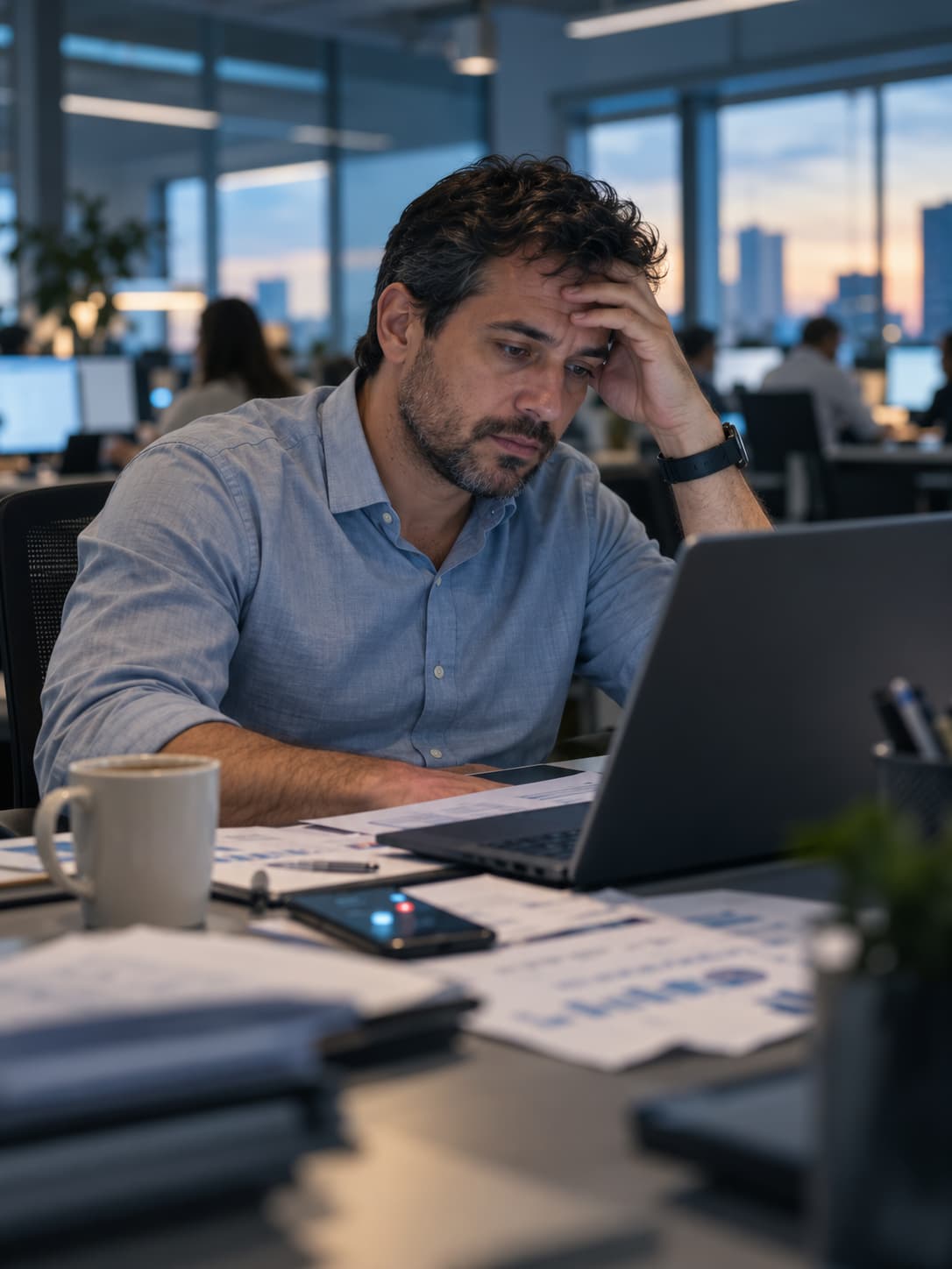 Profissional cansado no escritório diante de planilha